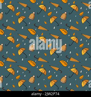 autumn pattern raindrop umbrellas autumn leaves and hats Stock Vector