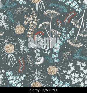 Merry Christmas, Happy New Year seamless floral pattern. Fir cones, doodle plants, and berries for greeting cards, wrapping papers. Winter background Stock Vector