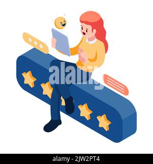 Flat 3d Isometric Woman Customer Giving a Five Star Rating. Customer Feedback Concept. Stock Vector