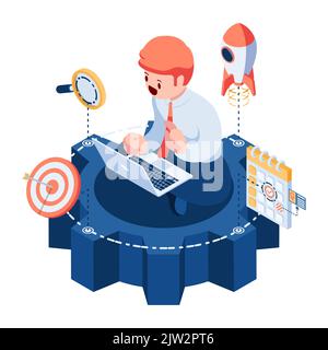 Flat 3d Isometric Businessman Working with Laptop on Gear. Business Process and Workflow Concept. Stock Vector