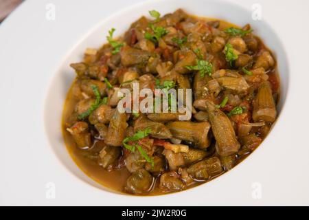 Bhindi masala or ladies finger fry served with indian roti chapati or Indian Flat bread Stock Photo