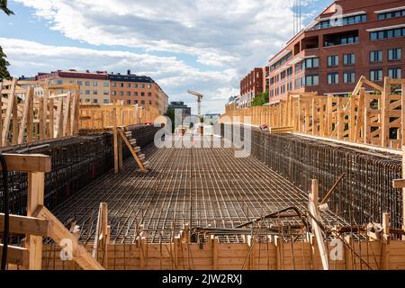 Wooden concrete mold and steel bars of Uusi Näkinsilta footbridge in Helsinki, Finland Stock Photo