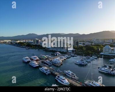 Aerial sunset photo of cairns harbour, esplande and city Stock Photo