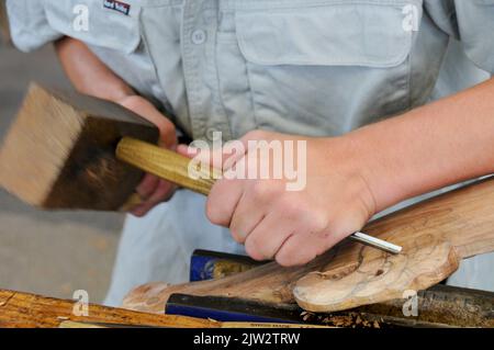 A wood carver is working on a Maori carving at the Carving school at Te Puia Maori arts and crafts Institute near Rotorua on North Island in New Zealand. Stock Photo