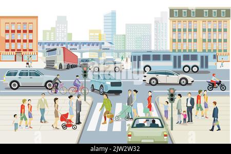 City silhouette with road traffic and pedestrians on the pedestrian ...