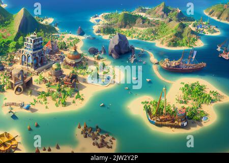 3D Render Of Caribbean Pirate Archipelago In Isometric Perspective.  Thriving Pirate City Port In The Style Of Civilization. Stock Photo,  Picture and Royalty Free Image. Image 190971627.