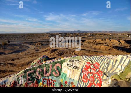 View of Salvation Mountain, in the California Desert area of Imperial County, north of Calipatria, northeast of Niland. Stock Photo