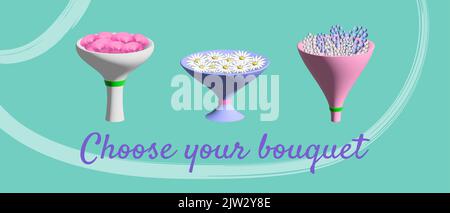 3 bouquets with different flowers: roses, chamomile, gypsophila. 3D realistic vector graphics. For holidays, wedding, st valentine day or any event. Stock Vector
