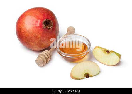 Apple, pomegranate and honey for Rosh Hashanah,  jewish new year, isolated on white background close up Stock Photo