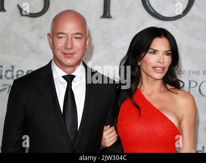 Jeff Bezos and Lauren Sanchez attend The Lord of the Rings: The Rings of Power World Premiere in Leicester Square in London, England. Stock Photo