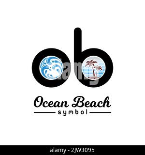 Initials Monogram OB logo design with blue wave and palm beach summer Stock Vector