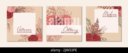 Set of autumn square backgrounds with modern floral elements. Social media post template. Hand drawn botanical vector illustration. Space for text Stock Vector