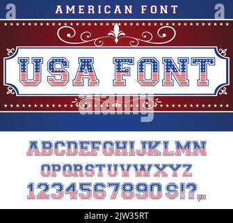 USA national flag stylized flat font. Alphabet and numbers in vector set Stock Vector