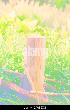 Standard typical wooden fence post standing in the meadow in a faded background. Stock Photo