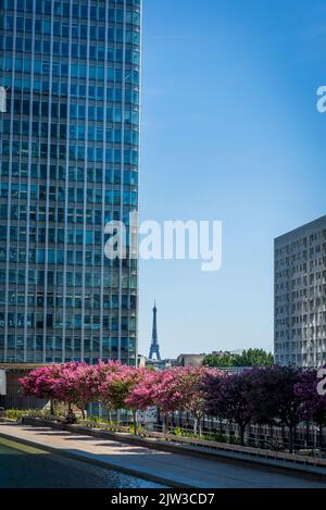 The Eiffel Tower seen from La Defense, a major business district located 3 kilometres west of the city limits of Paris, France Stock Photo