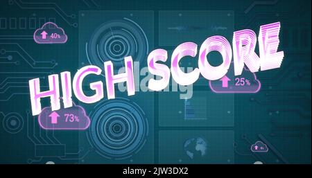 Image of high score text and data processing on blue background Stock Photo