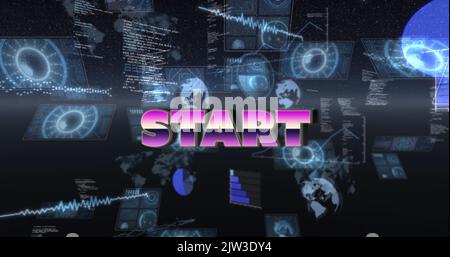 Image of start text and data processing on black background Stock Photo