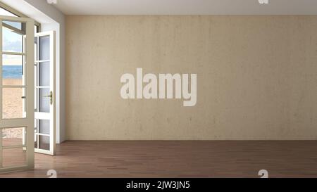 Empty Room of the Hotel Interior with Open Doors Overlooking the Beach, Yellow Sand and Clouds. Sea View Room with Dark Parquet Floor and Beige Stucco wall. 3d render, Ultra HD 8K, 7680x4320, 300 dpi Stock Photo