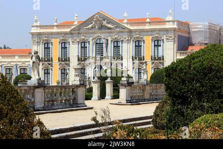 'Ceremonial Facade' of the 18th-century Queluz National Palace, view from manicured Hanging Gardens, Queluz, near Lisbon, Portugal Stock Photo