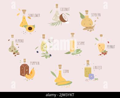 Set of different flat icons of oils for cooking in glass bottles. Includes vector illustrations of vegetables such as sunflower, olive, soybean Stock Vector