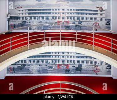 Curved landings in the refurbished Art Deco Midland Hotel, Morecambe, Lancashire, UK Stock Photo