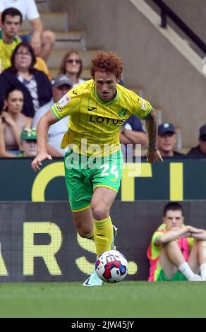 Norwich, UK. 03rd Sep, 2022. Josh Sargent of Norwich City runs with the ball during the Sky Bet Championship match between Norwich City and Coventry City at Carrow Road on September 3rd 2022 in Norwich, England. (Photo by Mick Kearns/phcimages.com) Credit: PHC Images/Alamy Live News Stock Photo