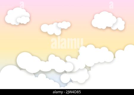 Children's illustration of clouds with pastel pink, light blue and yellow sky with large space for text. Stock Photo