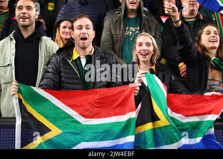 3rd September 2022; Allianz Stadium, Sydney, New South Wales, Australia; 2022 Etoro Rugby Championship, Australia versus  South Africa: South Africa supporters cheer for their team Stock Photo