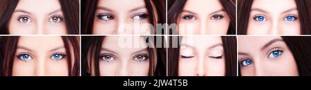Set of 8 Beautiful female eyes, close-up shot Stock Photo