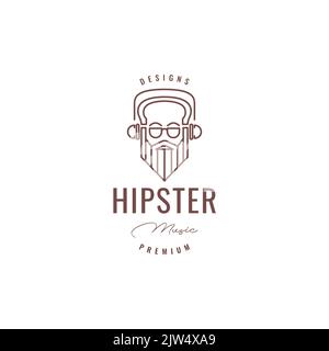 old man bearded relax hearing music logo design Stock Vector