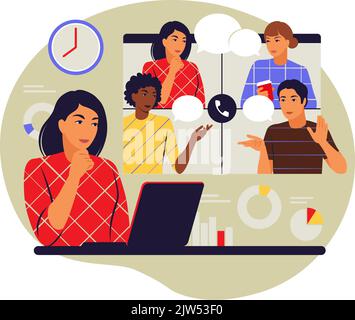 Remote meetings concept. Video conference, remote work concept. Vector illustration. Flat. Stock Vector
