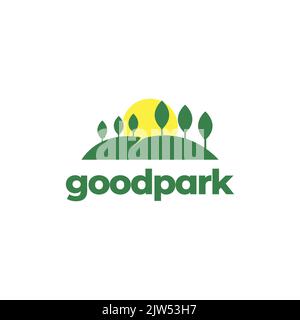hill park green with trees and sunset logo design Stock Vector