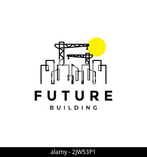 minimalist lines building with crane logo design Stock Vector