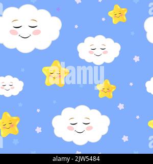 Smiling sleeping clouds and stars vector pattern. Cute sky seamless background. Hand drawn illustration for babies, kids. Stock Vector