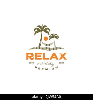 vintage beach coconut tree with hammock logo design Stock Vector