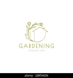 minimal art home with vines leaves gardening logo design Stock Vector