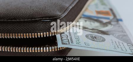 100 US dollars, 100 US dollars banknote with wallet, Wallpaper business and finance Stock Photo