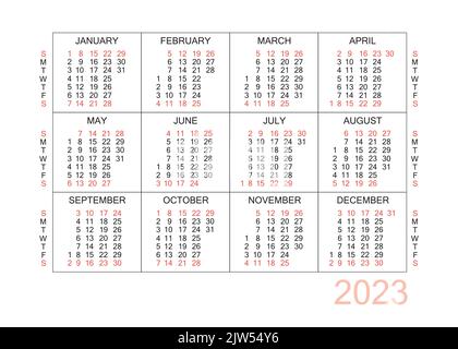 Horizontal calendar for 2023 year. Simple calendar grid isolated on a white background, Sunday to Monday, business template. Yearly calendar ready for Stock Vector