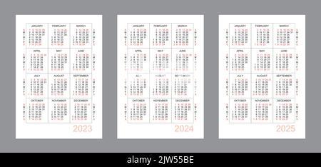 Vertical calendar for 3 years - 2023, 2024, 2025. Simple calendar grid isolated on a white background, Sunday to Monday, business template. Yearly cal Stock Vector