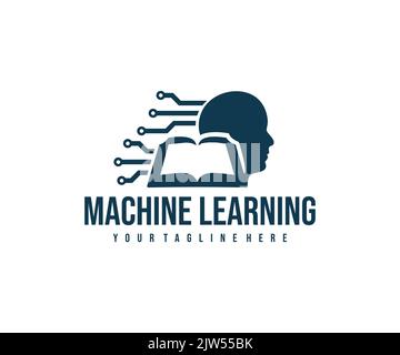 Machine learning, circuit board, head human and book, logo design. Artificial intelligence, neural network, deep learning, technology and innovation Stock Vector