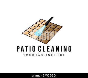 Patio pressure cleaning, pressure water cleaner, water jet and block floor, logo design. Power washer, outdoor floor worker cleaning and concrete Stock Vector