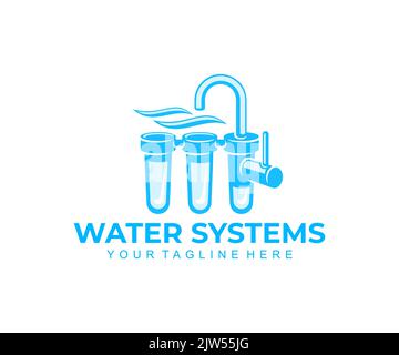 Water filter, drinking water systems and water treatment, logo design. Filtering, filtration or purification, plumbing, water tap, filtered Stock Vector