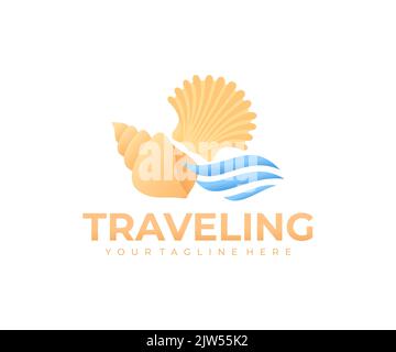 Traveling, beach, seashells and waves, logo design. Travel, journey, sea and ocean, vector design and illustration Stock Vector