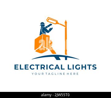 Electrician in lift bucket or bucket truck, repairing street light, logo design. Bucket lift, electrical, electricity, lighting and repair, vector Stock Vector