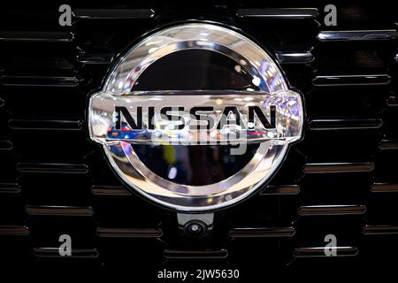 Sofia, Bulgaria - 3 June, 2022: Close-up of Nissan logo is seen at Sofia Motor Show. Stock Photo