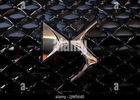 Sofia, Bulgaria - 3 June, 2022: Close-up of DS logo is seen at Sofia Motor Show. Stock Photo