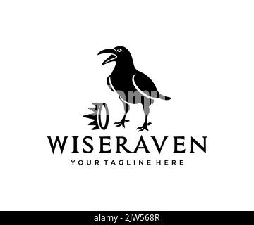 Black raven with crown, stands on the ground and looks, logo design. Crow, bird and animal, vector design and illustration Stock Vector