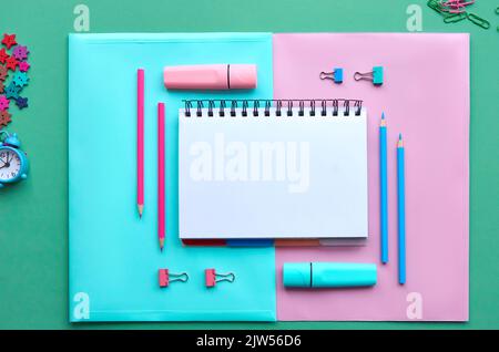 School stationery products on pastel background, flatlay. Back to school Stock Photo