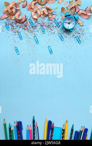 Back to school supplies accessories sale discounts rain concept, flat lay. Stock Photo