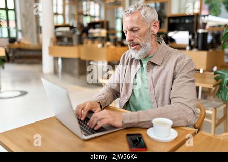 Busy mature professional man using laptop sitting in cafe working online. Stock Photo